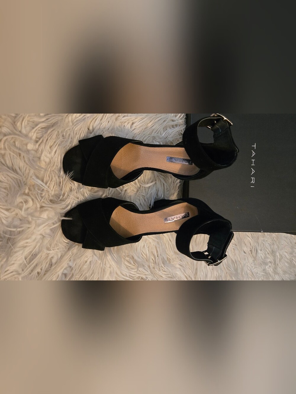 Size 7.5 Tahari Black Suede Open-Toe Ankle Strap Heels
